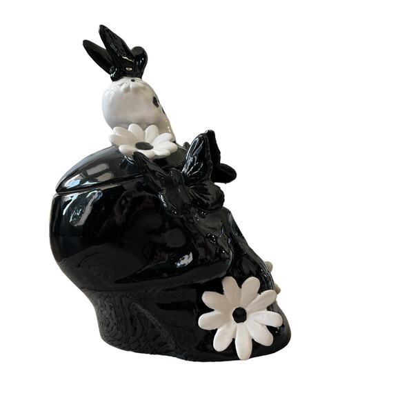 Halloween Skull Cookie Jar Canister w/ Lid Hand Painted Black White Spooky NEW - Picture 3 of 16